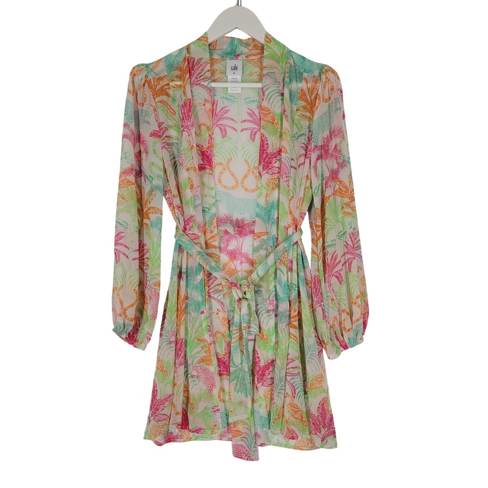 Cabi Sunset Kimono Women XS Multicolor Tropical Leopard Palm Chiffon Coverup
